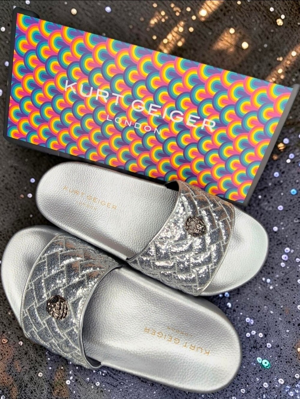 Kurt Geiger London Meena Eagle Silver Glitter Slides NWT - Picture 7 of 15